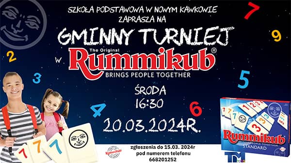 Plakat informacyjny z dwiema postaciami oraz pudłem gry Rummikub zawierający tekst jak we wstępie artykułu.
