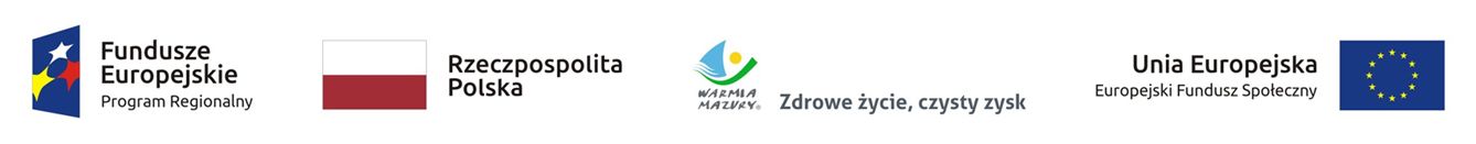 Baner z logo Funduszy Europejskich z lewej strony, flagą Polski i logo Warmii i Mazur w środku oraz flagą Unii Europejskiej z prawej strony
