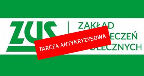 Logo ZUS z czerwoną tabliczką na środku z napisem tarcza antykryzysowa