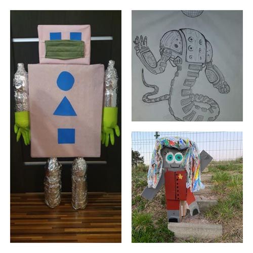 Kolaż zdjęć z robotami wykonanymi przez dzieci ze szkoły we Wrzesinie