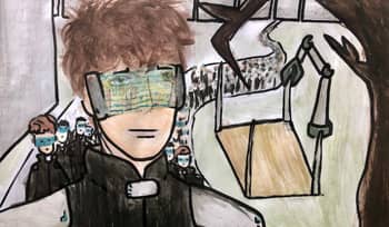 Plakat Andżeliki. Kolejka ludzi. Na pierwszym planie postać z hologramem na oczach.