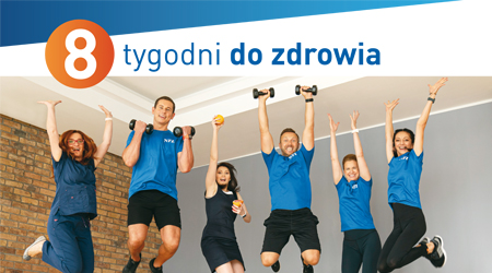 Ludzie z przyrządami do ćwiczeń oraz napis osiem tygodni do zdrowia