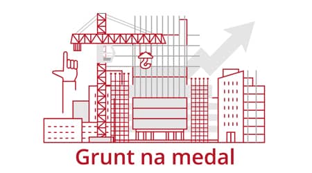 Grafika, budynki, wieżowce, dźwig. Napis: Grunt na medal.