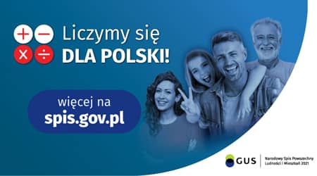 W tle cztery postaci. Napis: liczymy się dla Polski. Link do strony spis.gov.pl