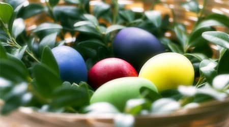 Koszyk z kolorowymi jajkami