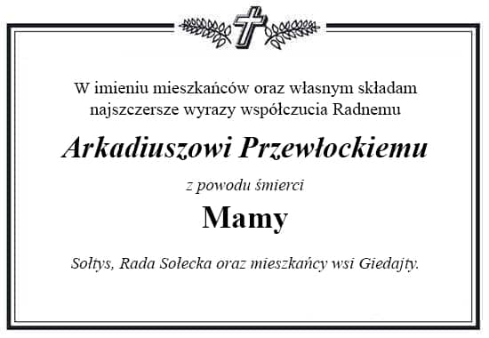 Grafika z napisem. Ramka z krzyżem i liśćmi palmowymi. Treść kondolencji jak powyżej.