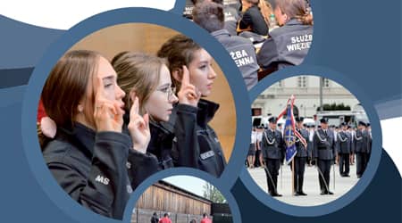 Grafika, koła, okręgi, wewnątrz zdjęcia osób w mundurach 