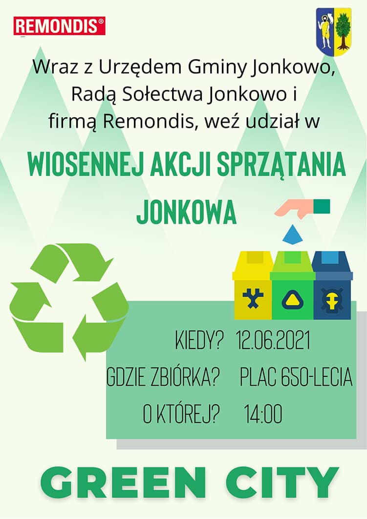 Plakat zawierający grafiki z koszami na odpady oraz trzy strzałki - symbol recyklingu. Treść plakatu powyżej.