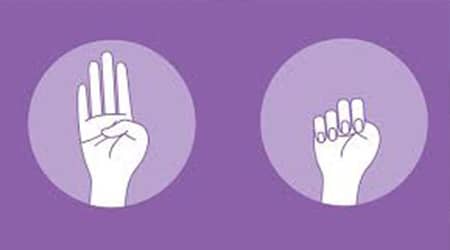 Grafiki przedstawiające sygnał pomocy: z lewej otwarta dłoń, z prawej dłoń zaciśnięta w pięść ze schowanym kciukiem.