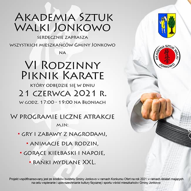 Plakat zawierający zdjęcie części postaci w stroju karate z zaciśniętą pięścią. Tekst plakatu dostępny jest powyżej w pliku pdf dostępnym cyfrowo.