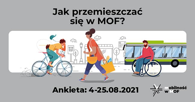 Grafika przedstawiająca osoby poruszające się różnymi środkami komunikacji. Napis: Jak przemieszczać się w MOF? Ankieta: 4-25.08.2021.