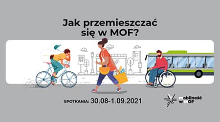 Grafika przedstawiająca osoby poruszające się różnymi środkami komunikacji. Napis: Jak przemieszczać się w MOF? Spotkania 30.08 - 01.09.2021 r..