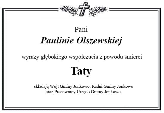 Grafika zawierająca ramkę z krzyżem i liśćmi palmowymi. Wewnątrz tekst kondolencji jak powyżej.