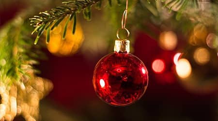 Zdjęcie przedstawiające bombkę zawieszoną na gałązce świerkowej