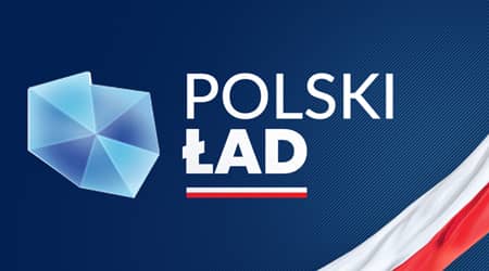 Grafika z napisem polski ład, flagą polski oraz grafiką w kształcie mapy kraju.