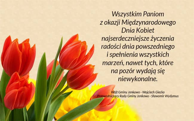 Grafika z bukietem tulipanów i życzeniami o treści jak powyżej.