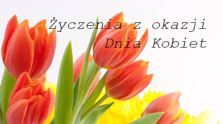 Grafika z bukietem tulipanów i napisem: życzenia z okazji dnia kobiet.