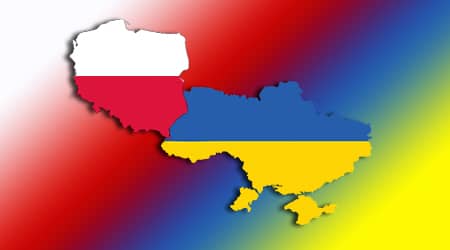 Grafika z mapami Polski i Ukrainy w barwach narodowych.