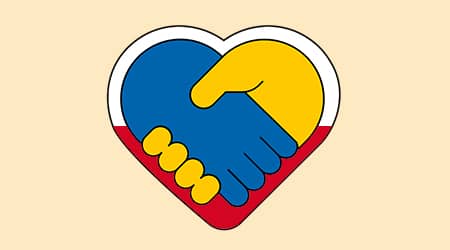 Grafika z trzymającymi się dłońmi w barwach ukraińskich wewnątrz serca w barwach biało-czerwonych.