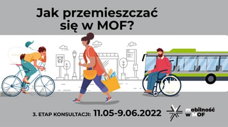 Grafika przedstawiająca osoby poruszające się różnymi środkami komunikacji. Napis: Jak przemieszczać się w MOF? Spotkania 11.05 - 9.06.2022 r..