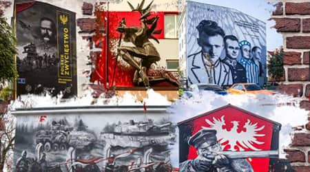 Kolaż zdjęć przedstawiających murale o tematyce wojskowej.