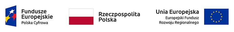 Baner z logo funduszy europejskich, programu Polski cyfrowej oraz flagami Polski i Unii Europejskiej.
