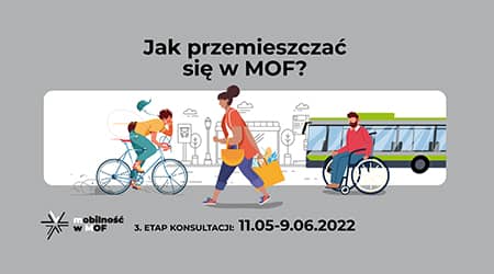 Grafika przedstawiająca osoby poruszające się różnymi środkami komunikacji. Napis: Jak przemieszczać się w MOF? Spotkania 11.05 - 9.06.2022 r.