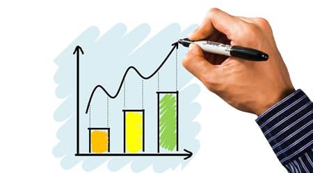 Grafika przedstawiająca dłoń trzymającą mazak i rysującą wykres.