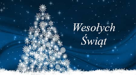 Grafika z tłem nocnego nieba i choinką wykonaną z gwiazd i śnieżynek oraz napis wesołych świąt.