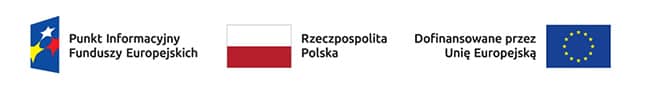 Baner z logo Funduszy Europejskich z lewej strony, flagą Polski w środku oraz flagą Unii Europejskiej z prawej strony