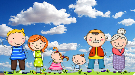 Grafika, postaci ludzkie, rodzina na tle nieba z chmurami.