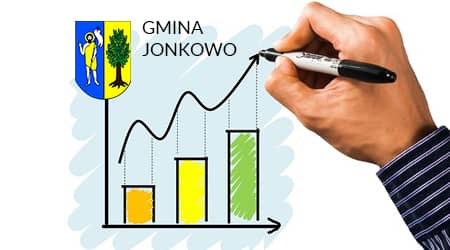 Na podstawie grafiki użytkownika Tumisu z serwisu Pixabay, UG Jonkowo Dłoń trzymająca mazak, rysuje wykresy. Herb gminy, tekst: gmina Jonkowo.