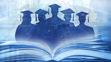 Źródło grafiki: www.knf.gov.pl Pięć postaci w togach i biretach akademickich na tle otwartej książki.