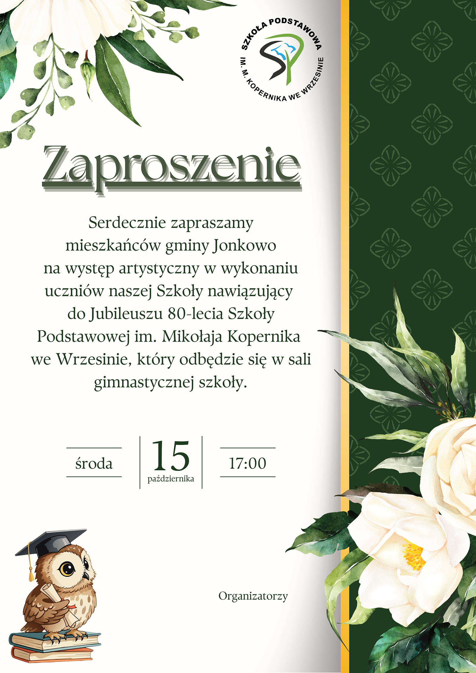 źródło: SP Wrzesina obraz przedstawia sowę i treść zaproszenia szkoły