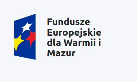 Logo "Fundusze Europejskie dla Warmii i Mazur" z geometrycznym symbolem po lewej stronie składającym się z niebieskiego, żółtego i czerwonego elementu, z białymi gwiazdami symbolizującymi gwiazdy Unii Europejskiej.