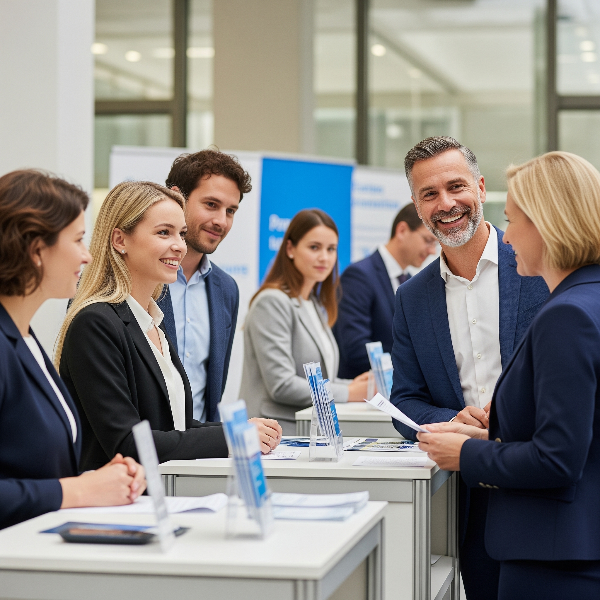 Na zdjęciu znajduje się grupa Europejczyków — zarówno młodszych, jak i starszych — wchodzących w interakcje z urzędnikami przy stanowiskach informacyjnych, co symbolizuje proces rekrutacji wniosków do programu rządowego. Scena jest dobrze oświetlona i sprawia wrażenie otwartej i zachęcającej.