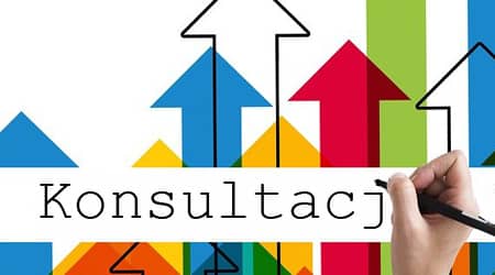 Grafika ukazująca różnej wielkości strzałki skierowane do góry, dłoń trzymającą długopis na napisie: konsultacje