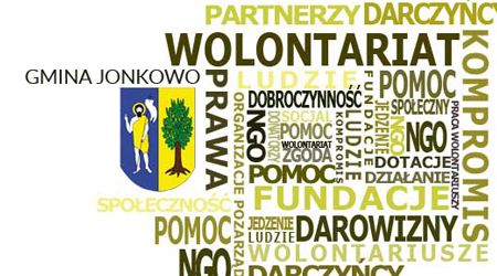 Grafika: Herb gminy w otoczeniu różnych wyrazów dotyczących organizacji pozarządowych