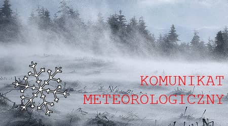 Śnieg, wiatr. Na pierwszym planie płatek śniegu i napis: komunikat meteorologiczny