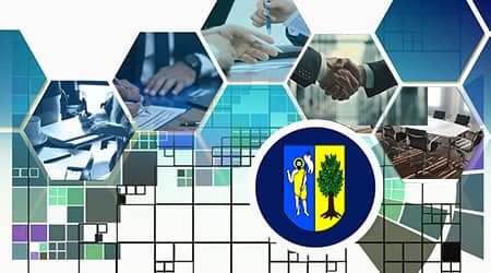 Na podstawie grafiki Gerda Altmanna z serwisu Pixabay, UG Jonkowo Grafika z kształtów geometrycznych zawierających zdjęcia biznesowe oraz herb gminy.