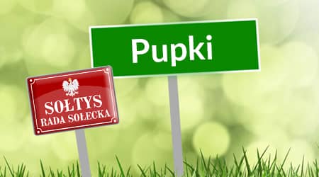 Grafika przedstawiająca dwie tabliczki na tle zieleni. Na tabliczkach napisy: Pupki oraz sołtys i rada sołecka