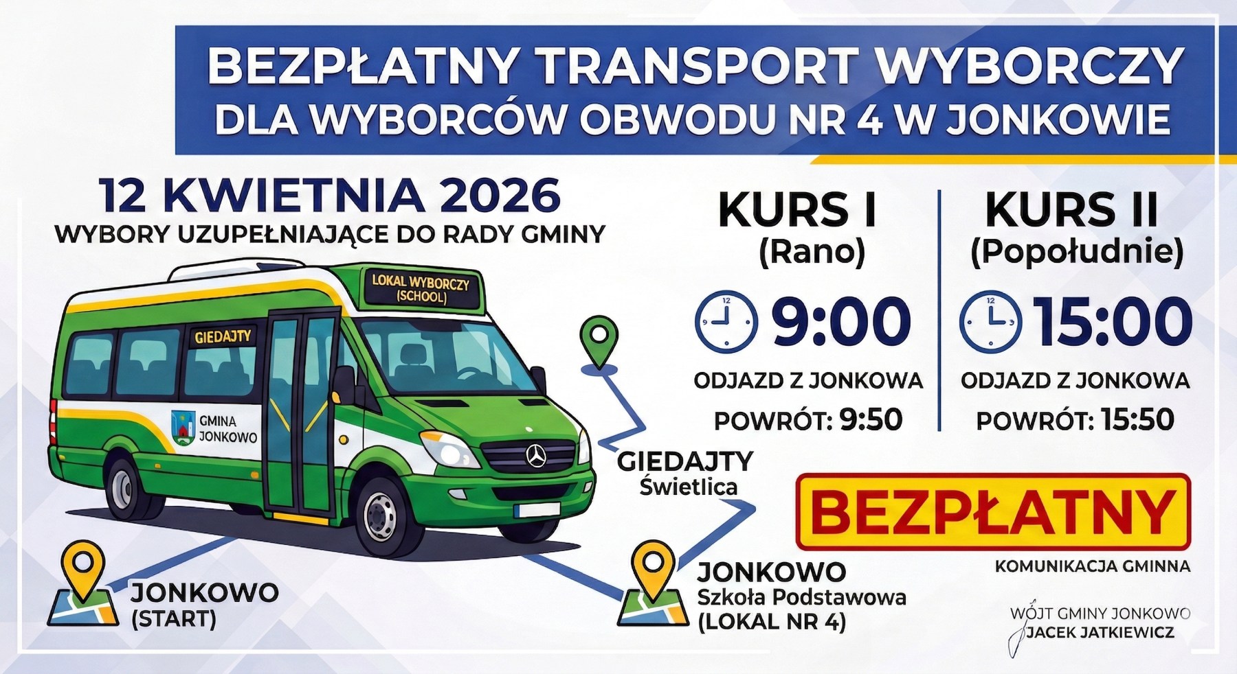 Plakat informacyjny o bezpłatnym transporcie wyborczym w gminie Jonkowo z rozkładem kursów.